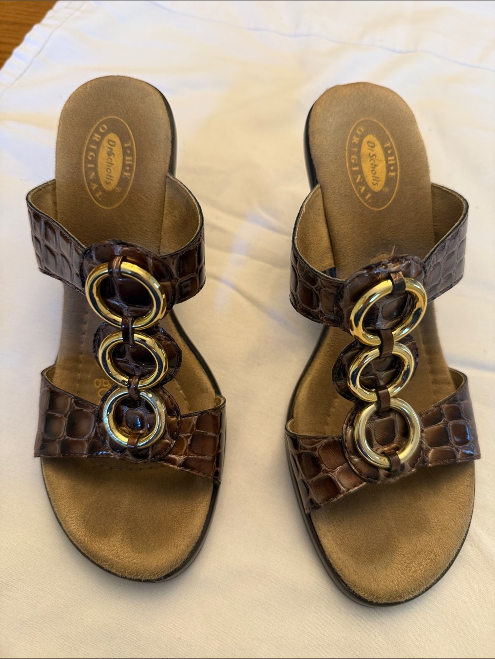 Dr. Scholl's Brown Croc-Embossed Slide Mules with Gold Rings 7.5